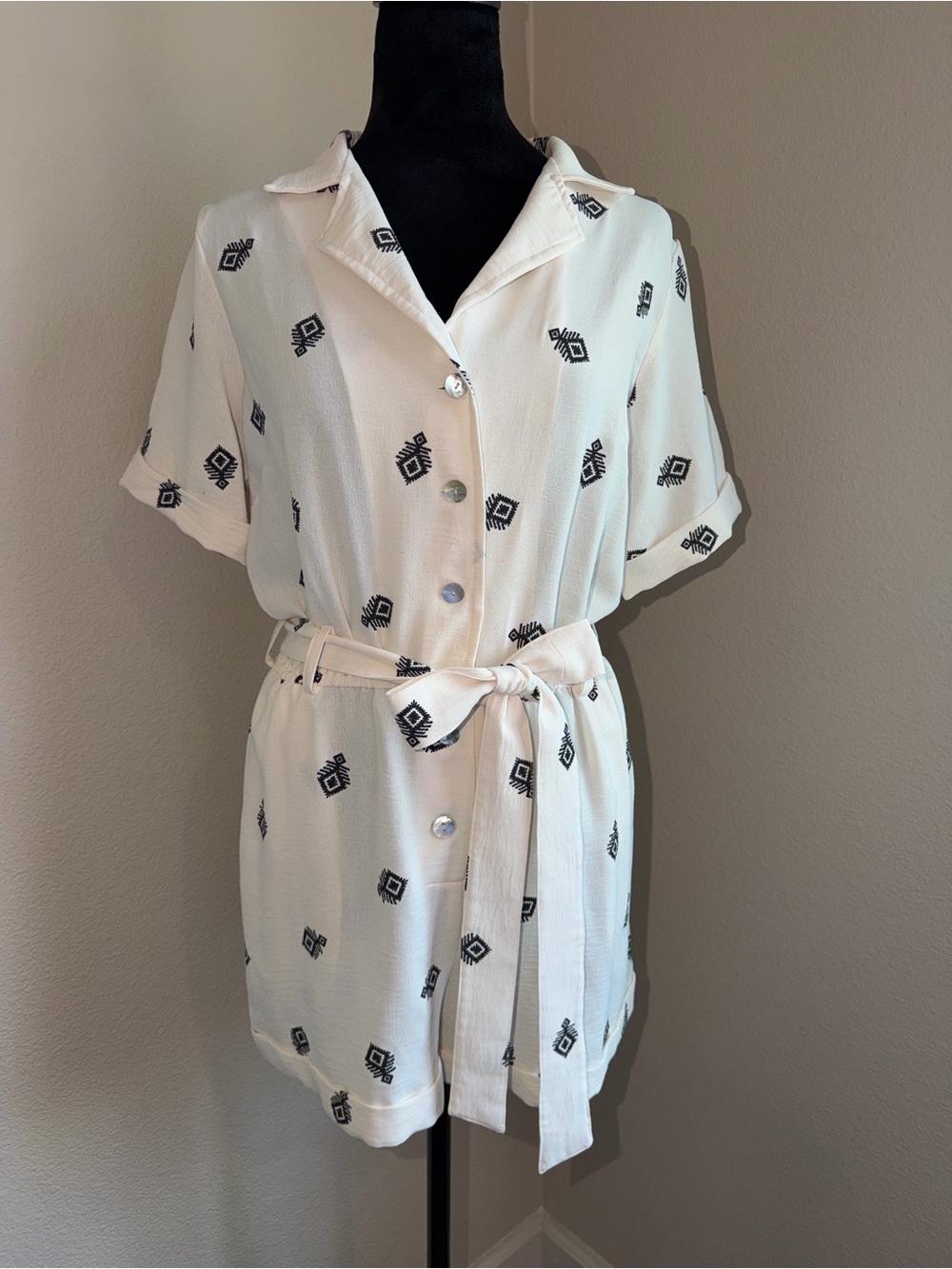 Button Front Short Sleeve Romper in Cream with Black Geometric Print